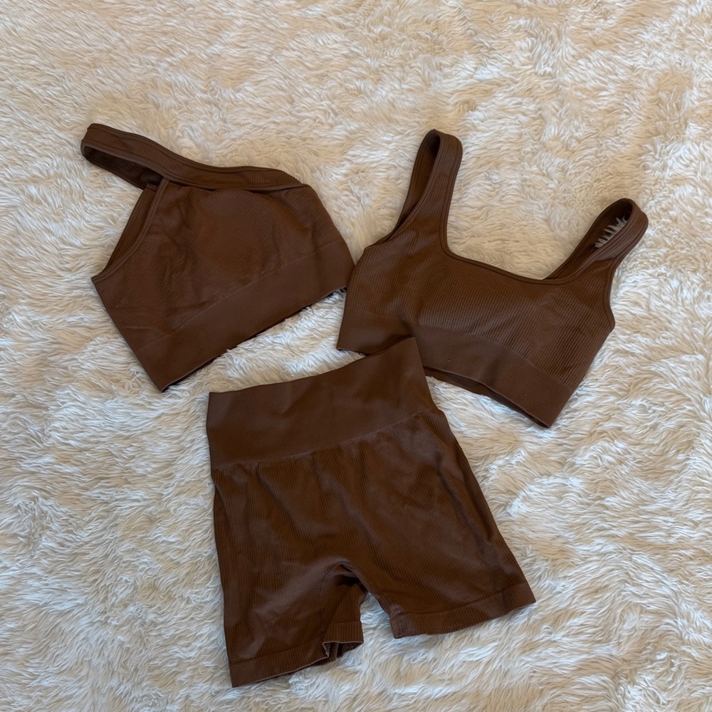 Brown Ribbed Crop Tops & Biker Short Set